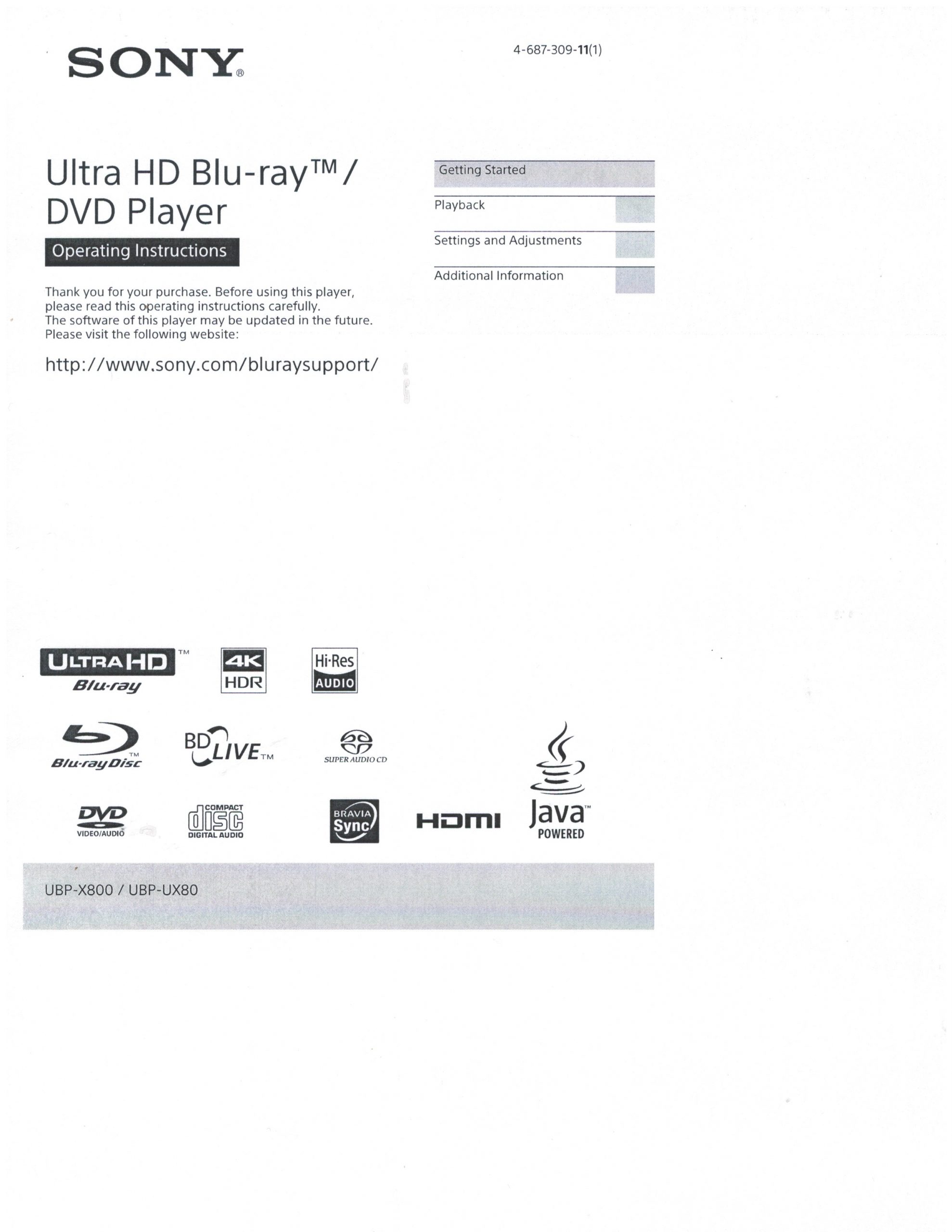 ⭐Sony User Operating Manual for 4K BLURAY PLAYER UBP-X800 UBP-X1000ES UBP-X80⭐